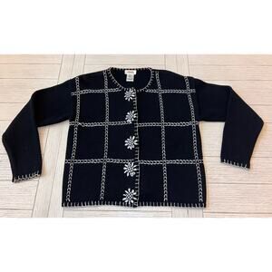Talbots ladies black & white cotton cardigan w/ flower detail buttons.Sz SPetite